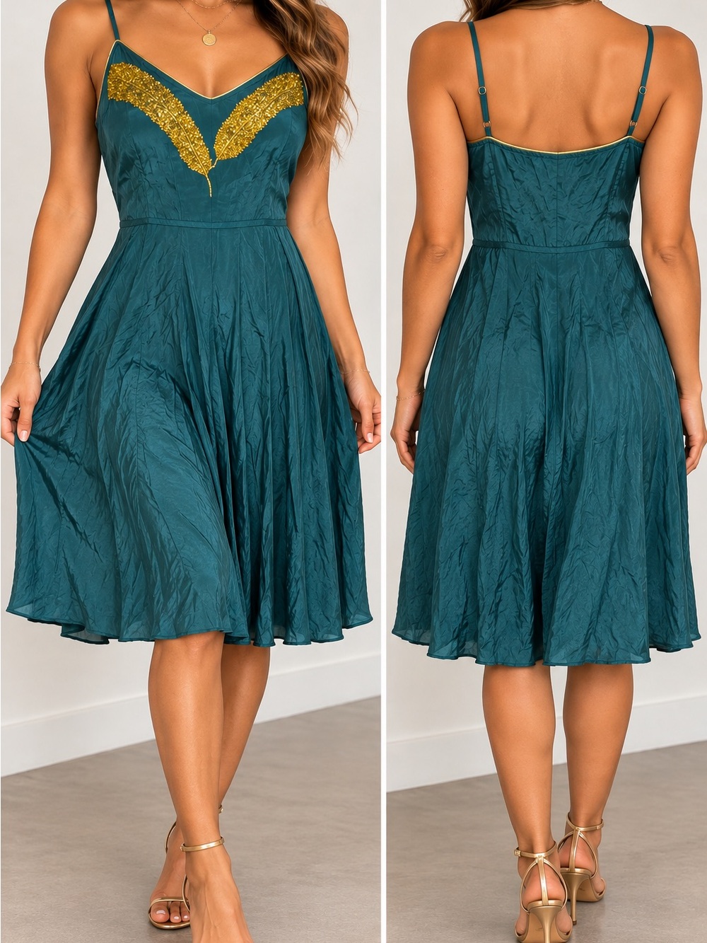 Beyond Vintage 100% Silk Teal Gold Embellished Knee Length Dress Size M